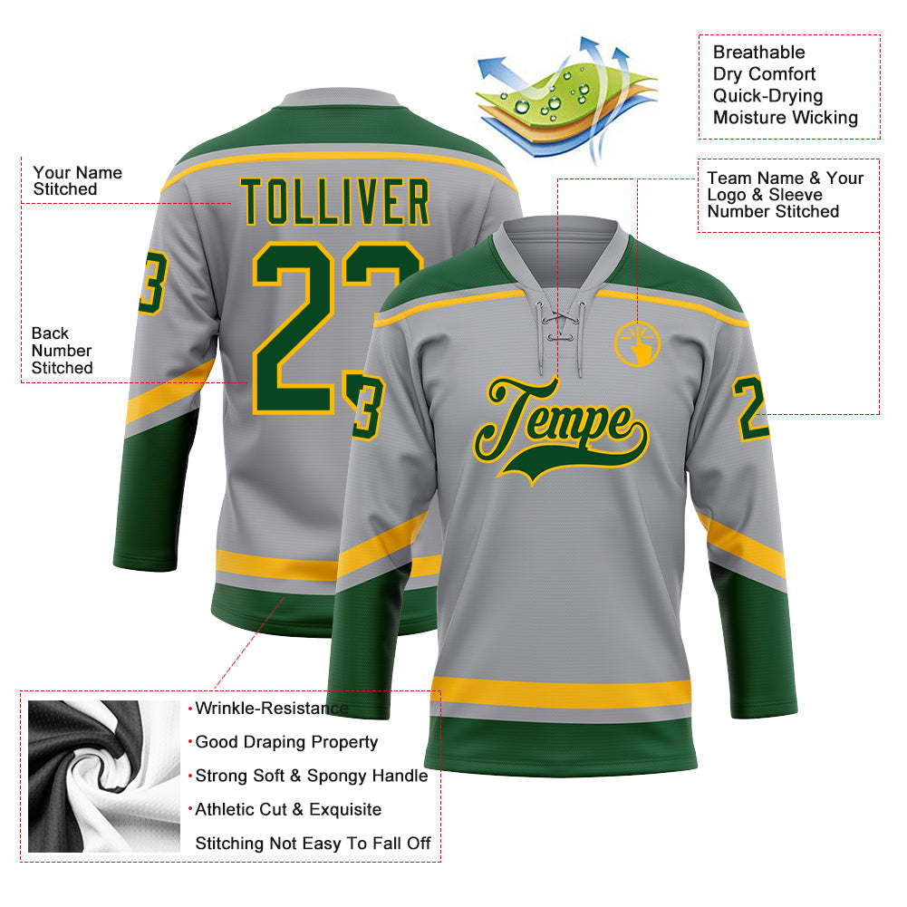 Custom Gray Green-Gold Hockey Lace Neck Jersey - Sky-Custom