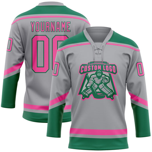 Custom Gray Pink-Kelly Green Hockey Lace Neck Jersey - Sky-Custom
