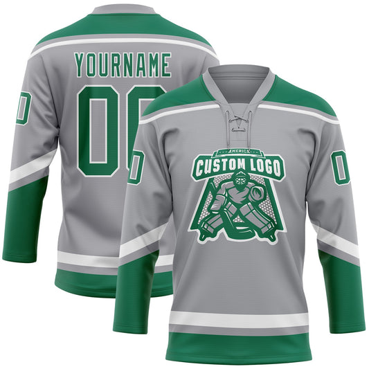 Custom Gray Kelly Green-White Hockey Lace Neck Jersey - Sky-Custom