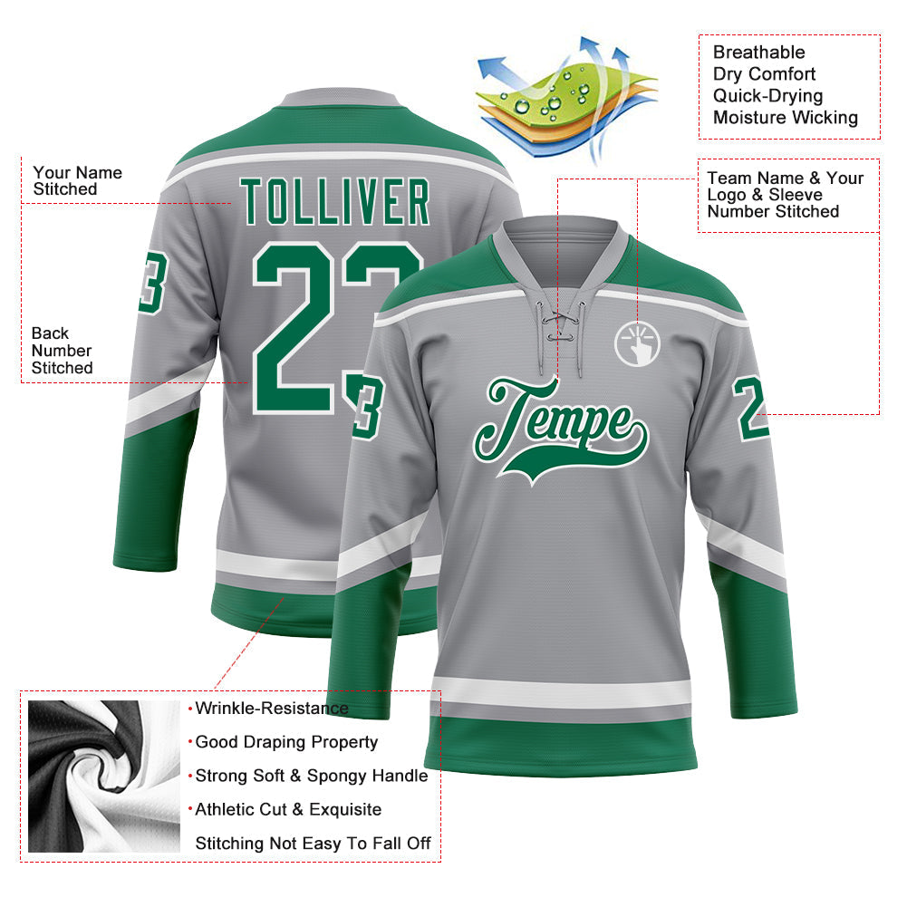 Custom Gray Kelly Green-White Hockey Lace Neck Jersey - Sky-Custom