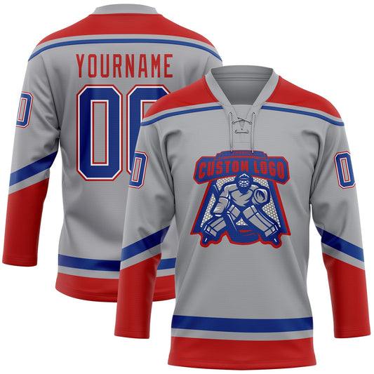 Custom Gray Royal-Red Hockey Lace Neck Jersey - Sky-Custom