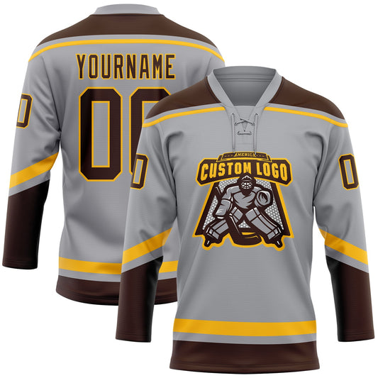 Custom Gray Brown-Gold Hockey Lace Neck Jersey - Sky-Custom