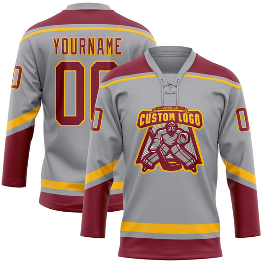 Custom Gray Crimson-Gold Hockey Lace Neck Jersey - Sky-Custom