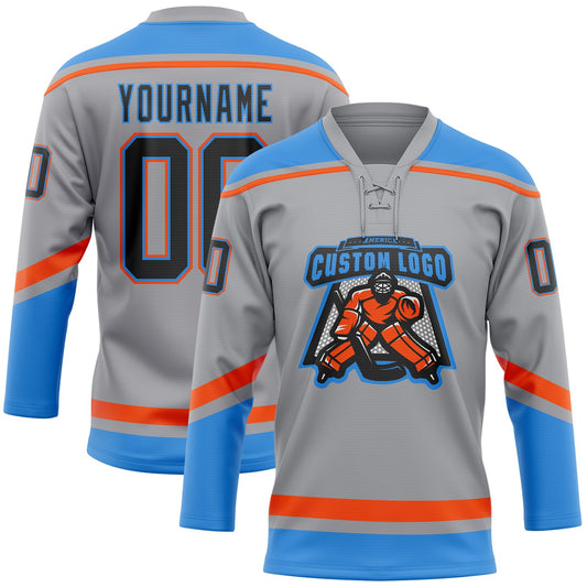 Custom Gray Black Powder Blue-Orange Hockey Lace Neck Jersey - Sky-Custom