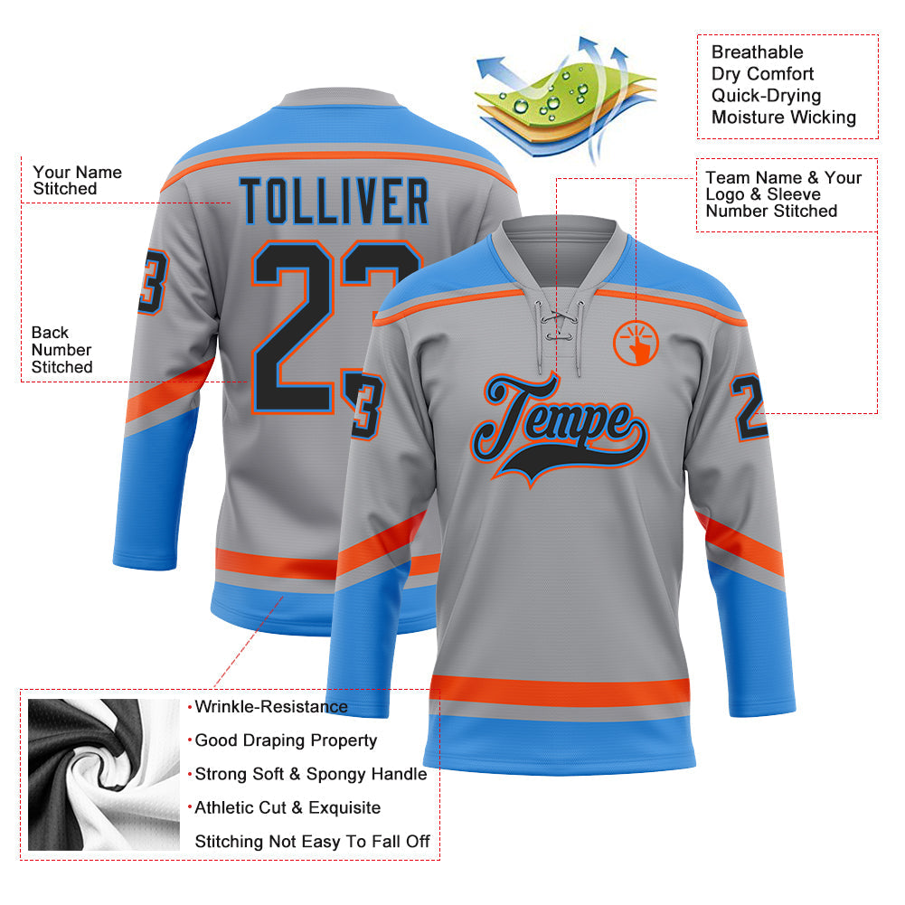 Custom Gray Black Powder Blue-Orange Hockey Lace Neck Jersey - Sky-Custom