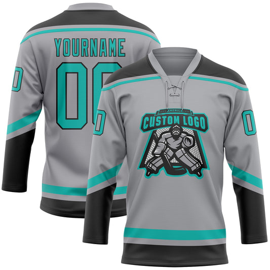 Custom Gray Aqua-Black Hockey Lace Neck Jersey - Sky-Custom