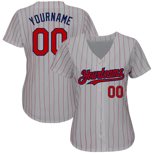 Custom Gray Red Pinstripe Navy Authentic Baseball Jersey - Sky-Custom