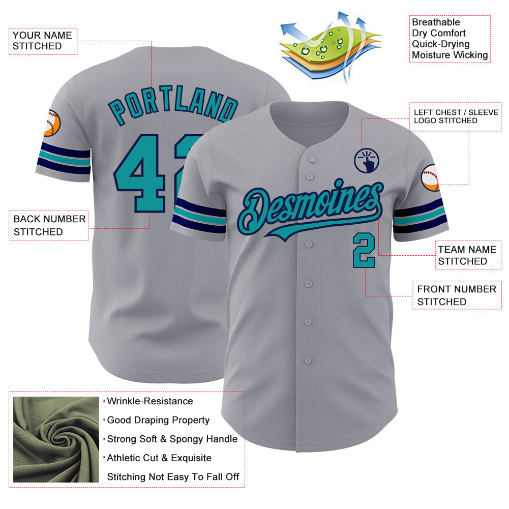 Custom Gray Teal-Navy Authentic Baseball Jersey - Sky-Custom