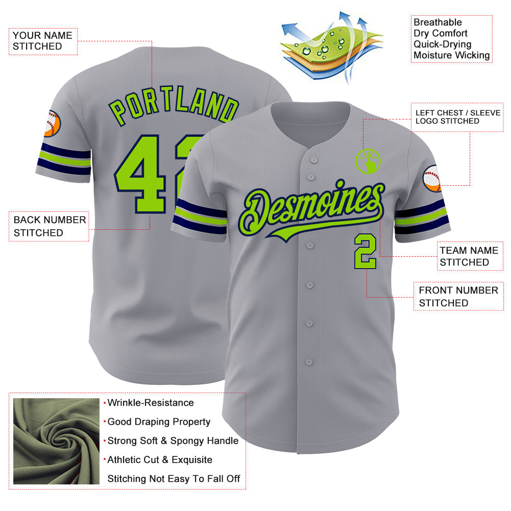 Custom Gray Neon Green-Navy Authentic Baseball Jersey - Sky-Custom