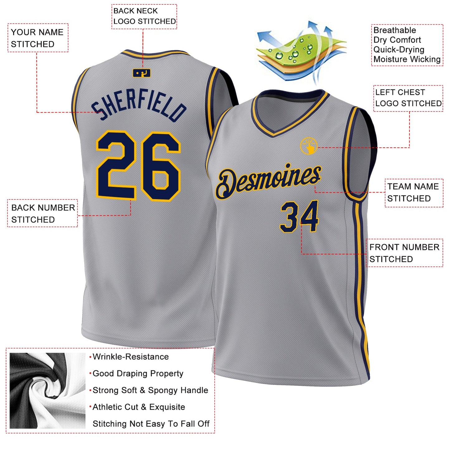 Custom Gray Navy-Gold Authentic Throwback Basketball Jersey - Sky-Custom