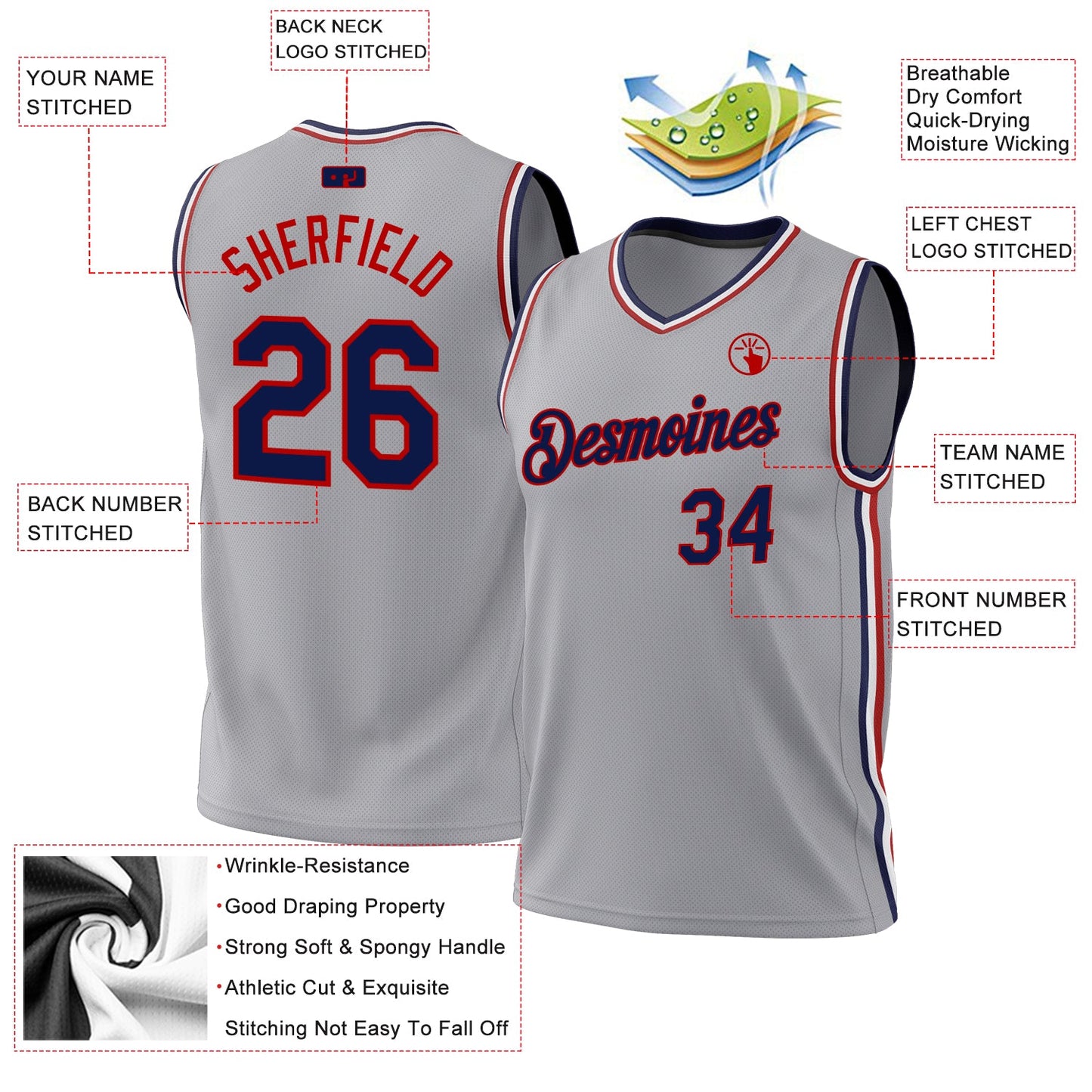 Custom Gray Navy-Red Authentic Throwback Basketball Jersey - Sky-Custom
