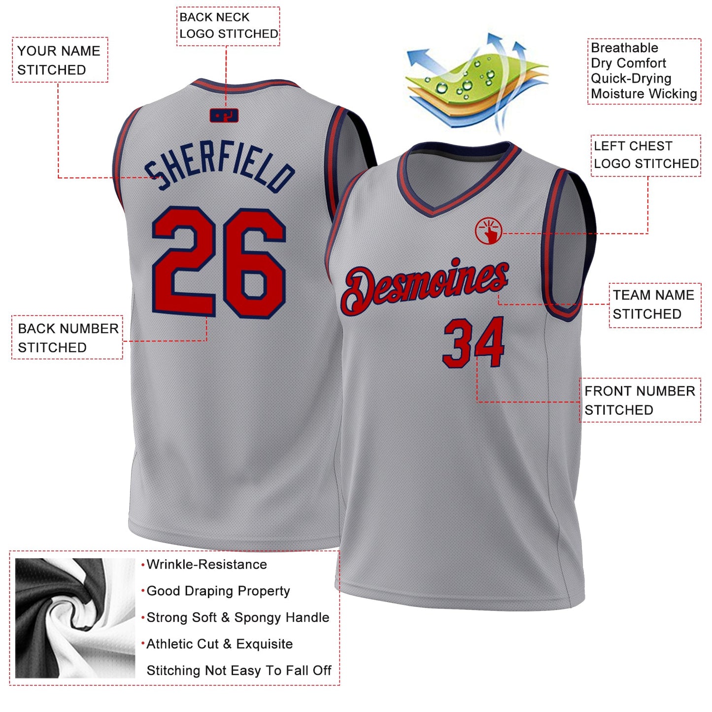 Custom Gray Red-Navy Authentic Throwback Basketball Jersey - Sky-Custom