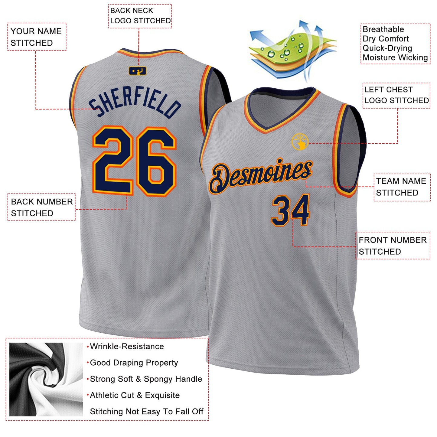 Custom Gray Navy Gold-Orange Authentic Throwback Basketball Jersey - Sky-Custom