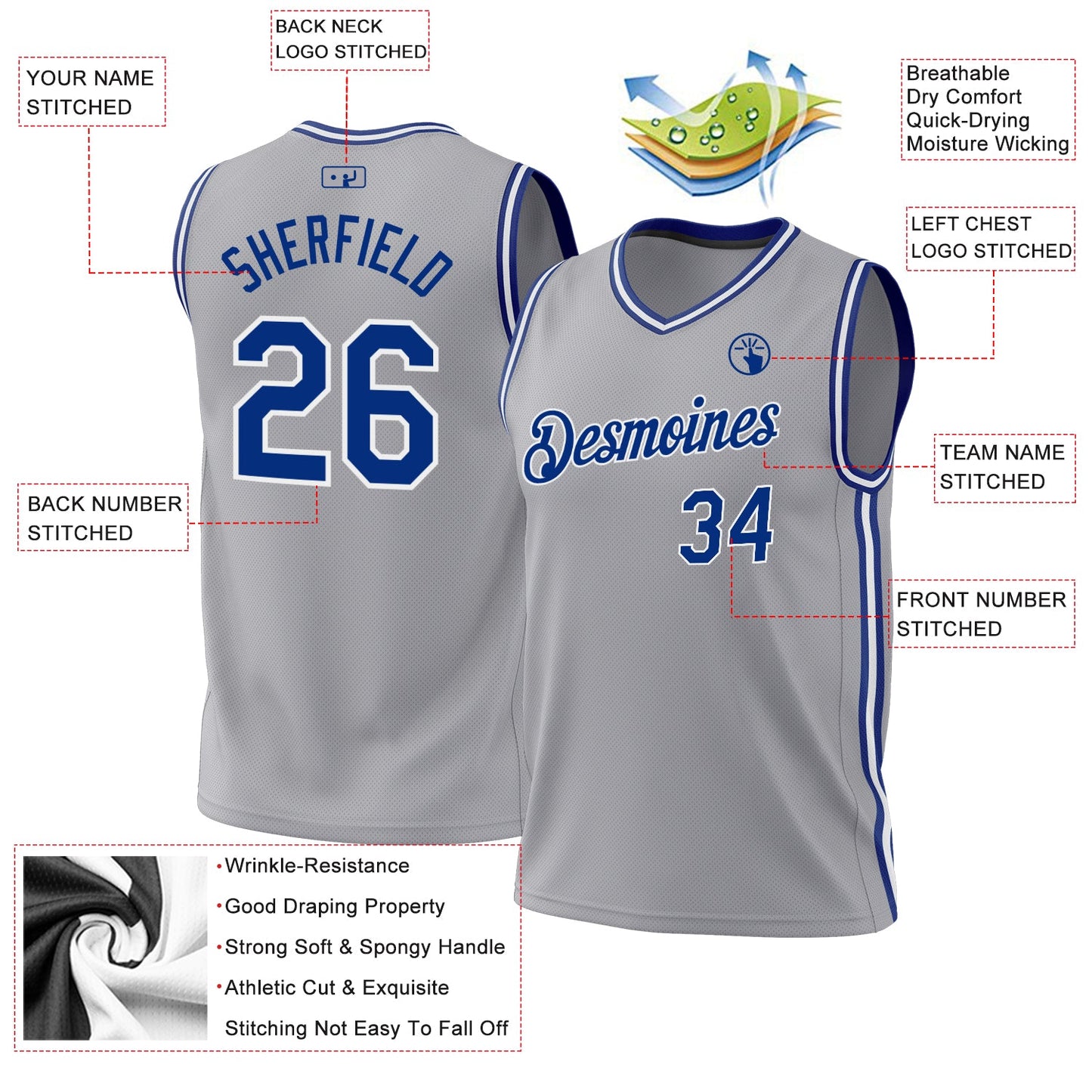 Custom Gray Royal-White Authentic Throwback Basketball Jersey - Sky-Custom