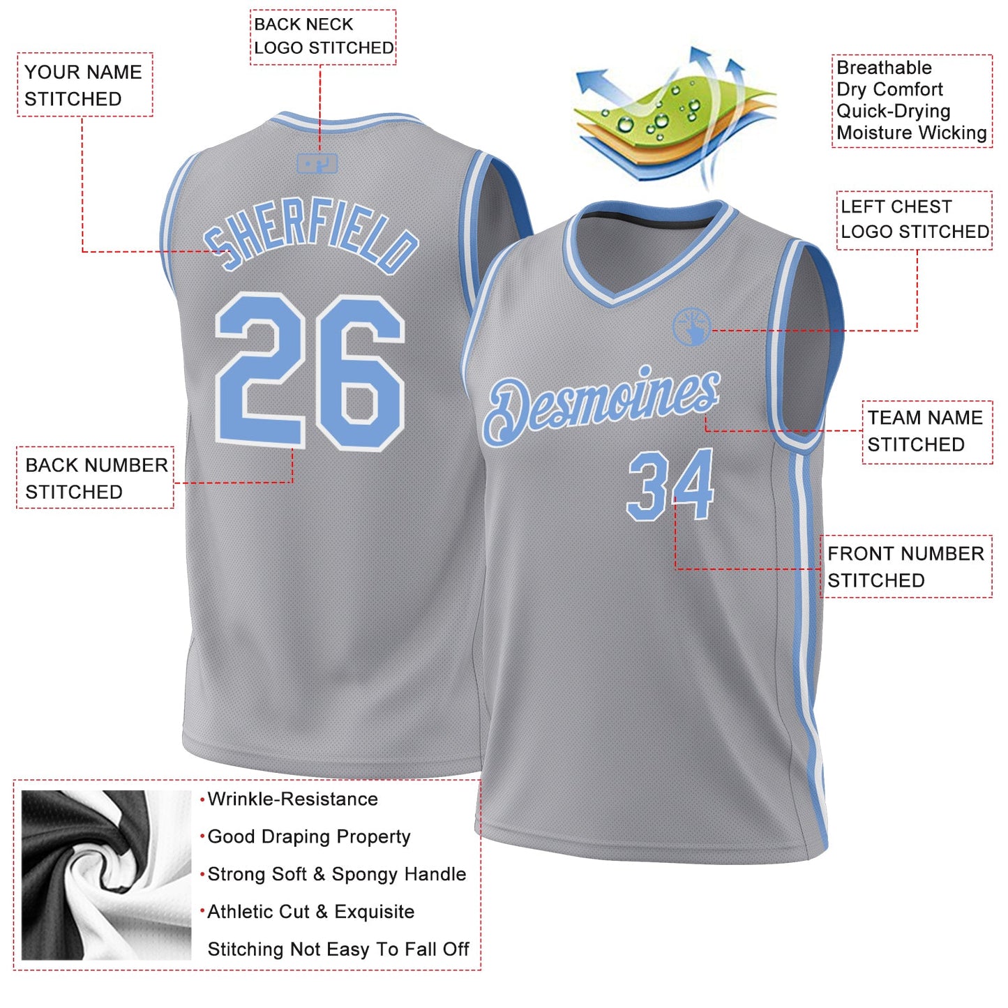Custom Gray Light Blue-White Authentic Throwback Basketball Jersey - Sky-Custom