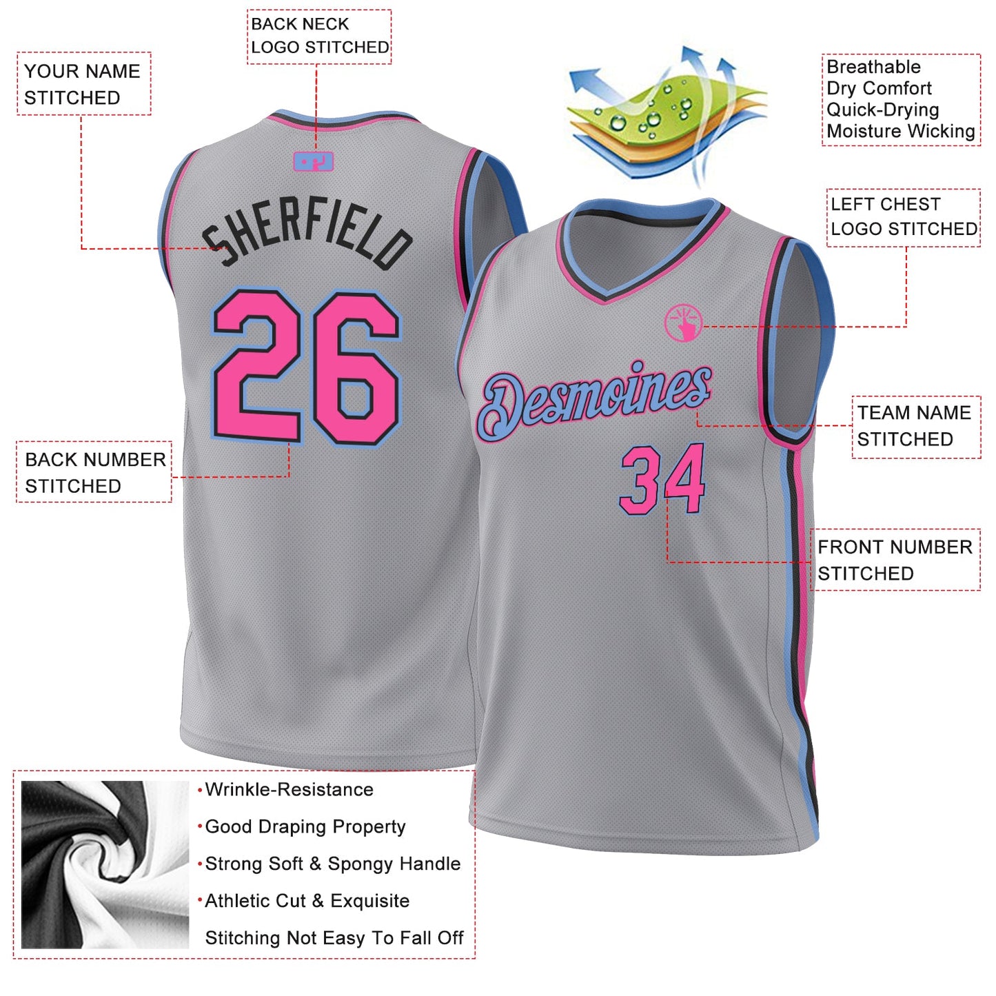 Custom Gray Pink Black-Light Blue Authentic Throwback Basketball Jersey - Sky-Custom