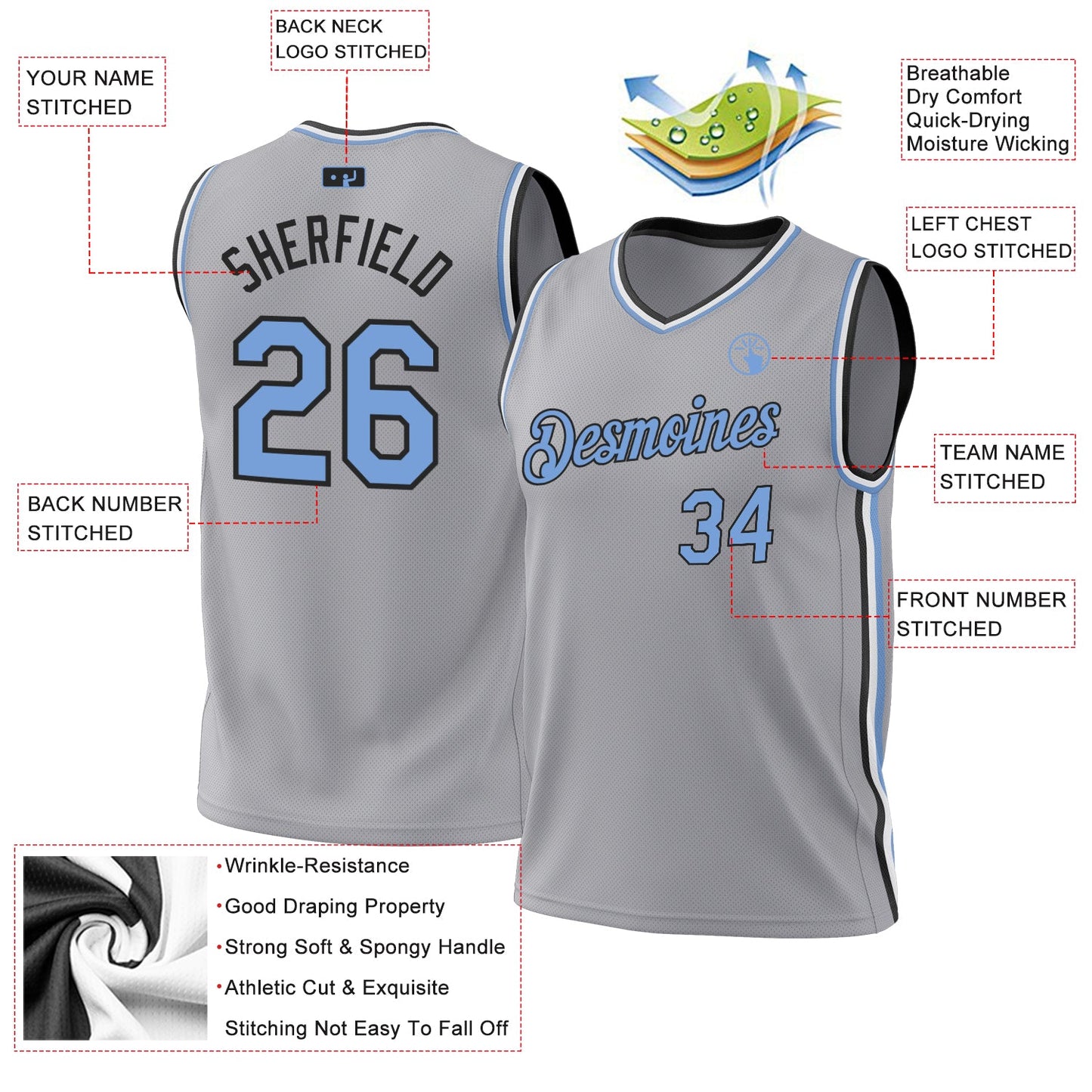 Custom Gray Light Blue-Black Authentic Throwback Basketball Jersey - Sky-Custom