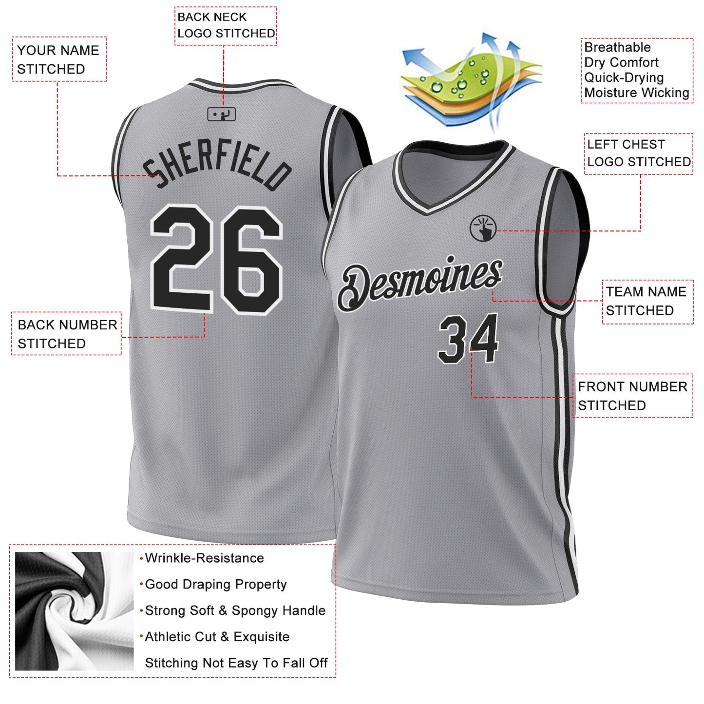 Custom Gray Black-White Authentic Throwback Basketball Jersey - Sky-Custom