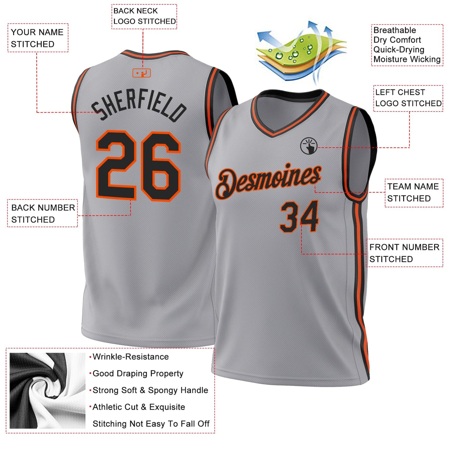 Custom Gray Black-Orange Authentic Throwback Basketball Jersey - Sky-Custom