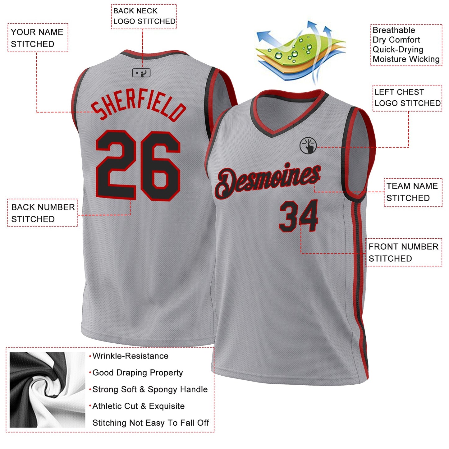 Custom Gray Black-Red Authentic Throwback Basketball Jersey - Sky-Custom