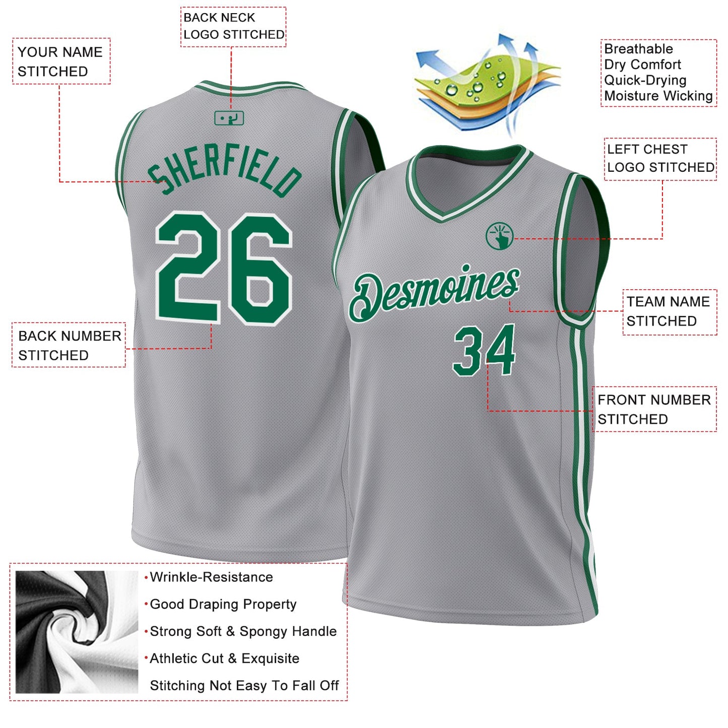 Custom Gray Kelly Green-White Authentic Throwback Basketball Jersey - Sky-Custom