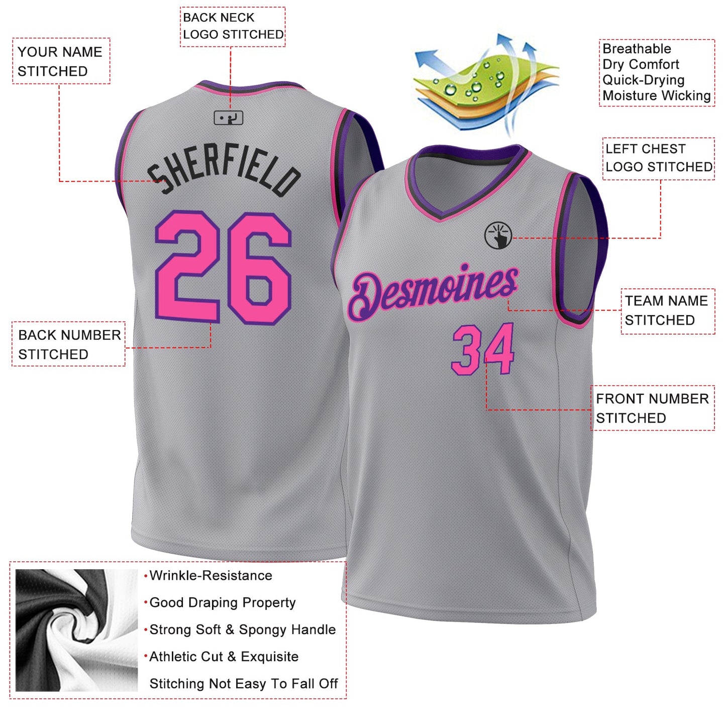 Custom Gray Pink Purple-Black Authentic Throwback Basketball Jersey - Sky-Custom