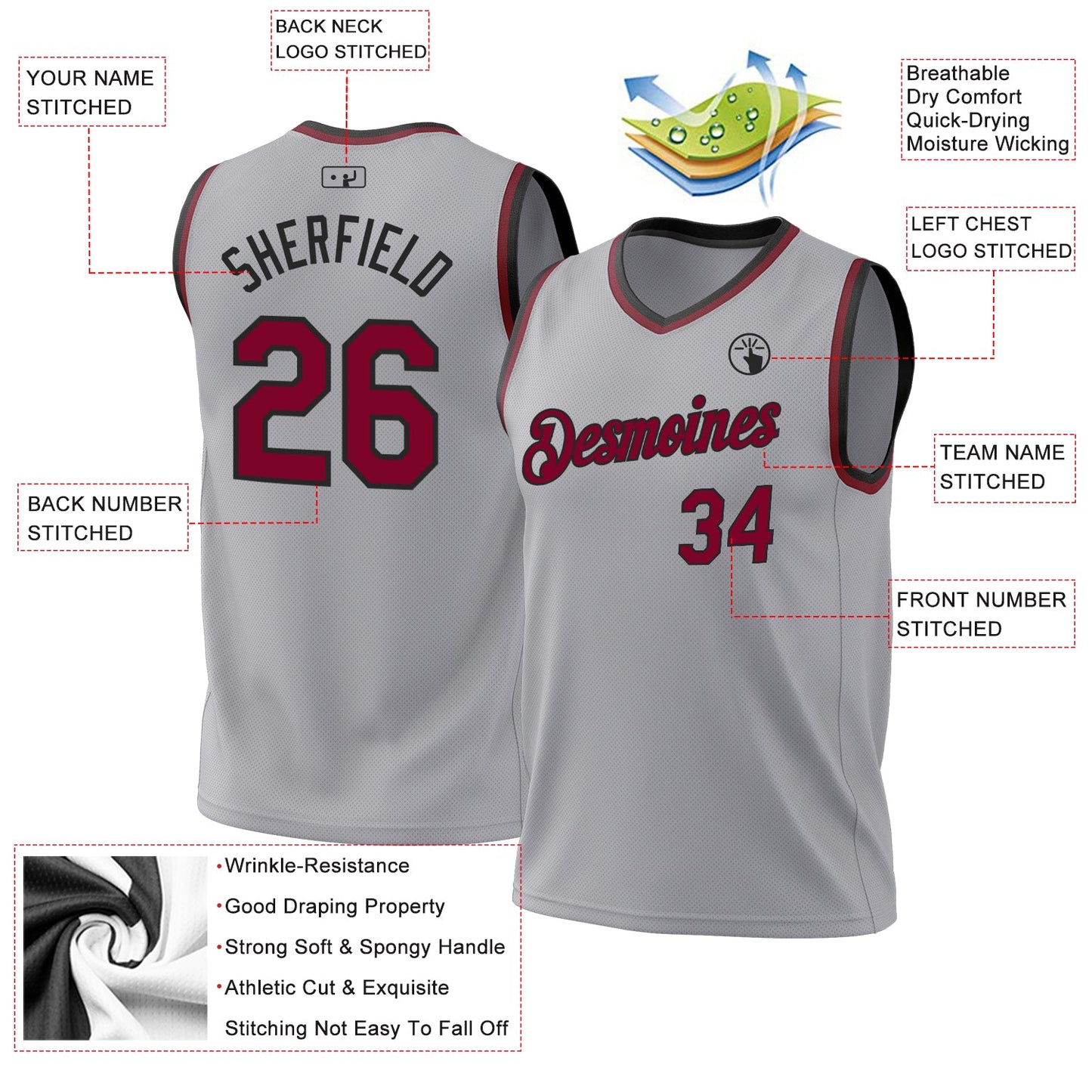 Custom Gray Maroon-Black Authentic Throwback Basketball Jersey - Sky-Custom