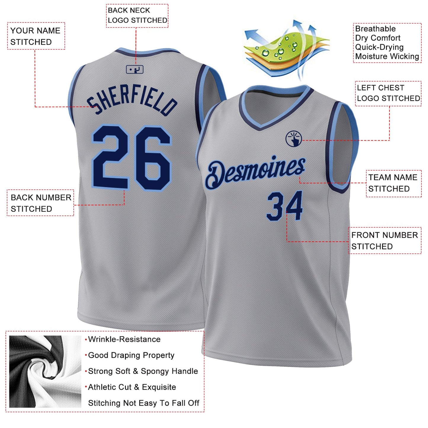 Custom Gray Navy-Light Blue Authentic Throwback Basketball Jersey - Sky-Custom