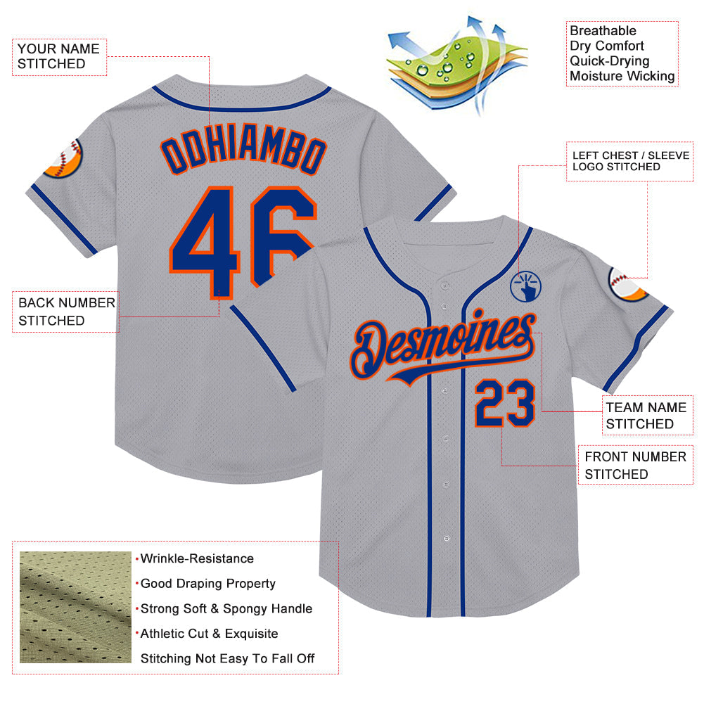 Custom Gray Royal-Orange Mesh Authentic Throwback Baseball Jersey - Sky-Custom
