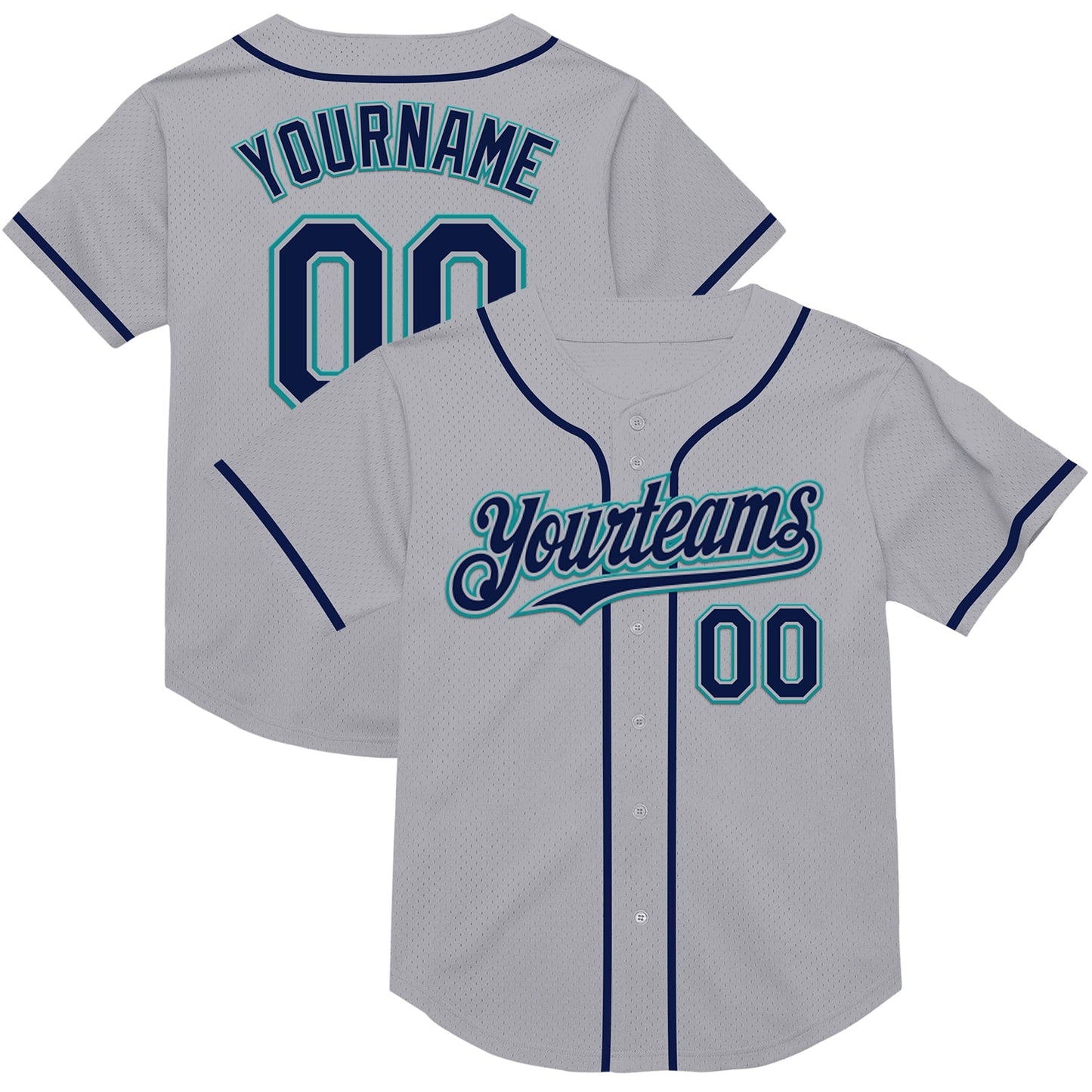Custom Gray Navy-Teal Mesh Authentic Throwback Baseball Jersey - Sky-Custom