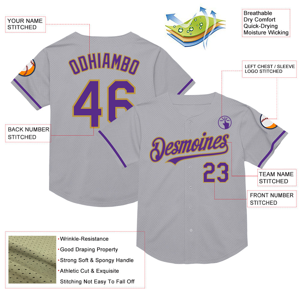 Custom Gray Purple-Old Gold Mesh Authentic Throwback Baseball Jersey - Sky-Custom