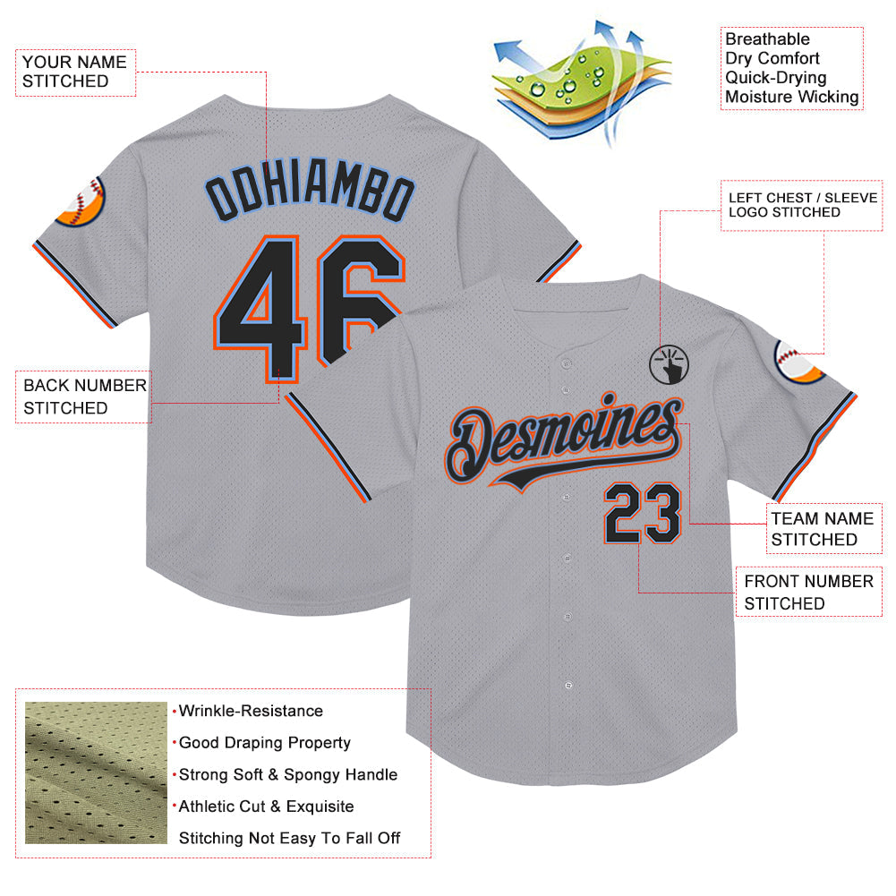 Custom Gray Black Powder Blue-Orange Mesh Authentic Throwback Baseball Jersey - Sky-Custom
