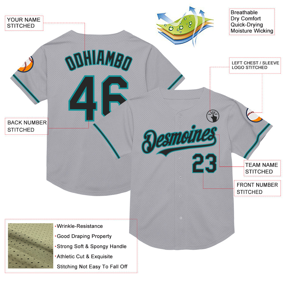 Custom Gray Black-Teal Mesh Authentic Throwback Baseball Jersey - Sky-Custom