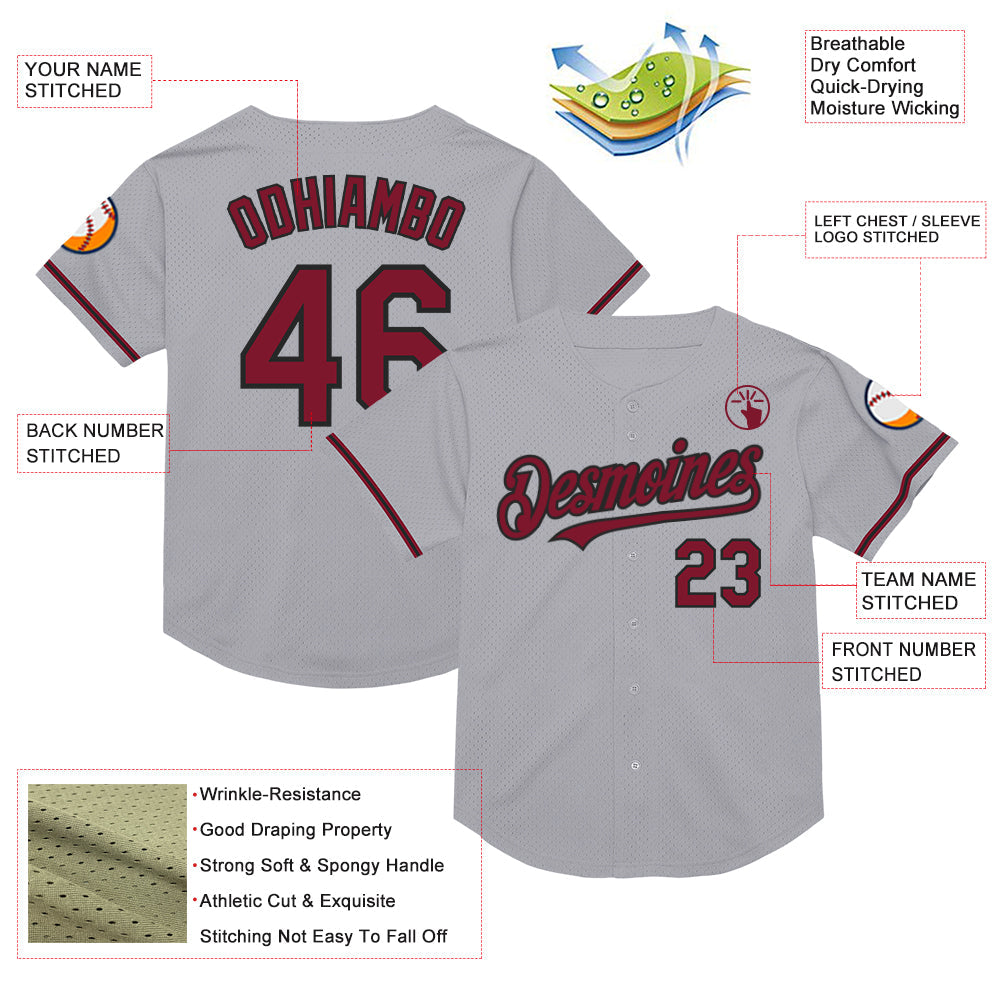 Custom Gray Crimson-Black Mesh Authentic Throwback Baseball Jersey - Sky-Custom