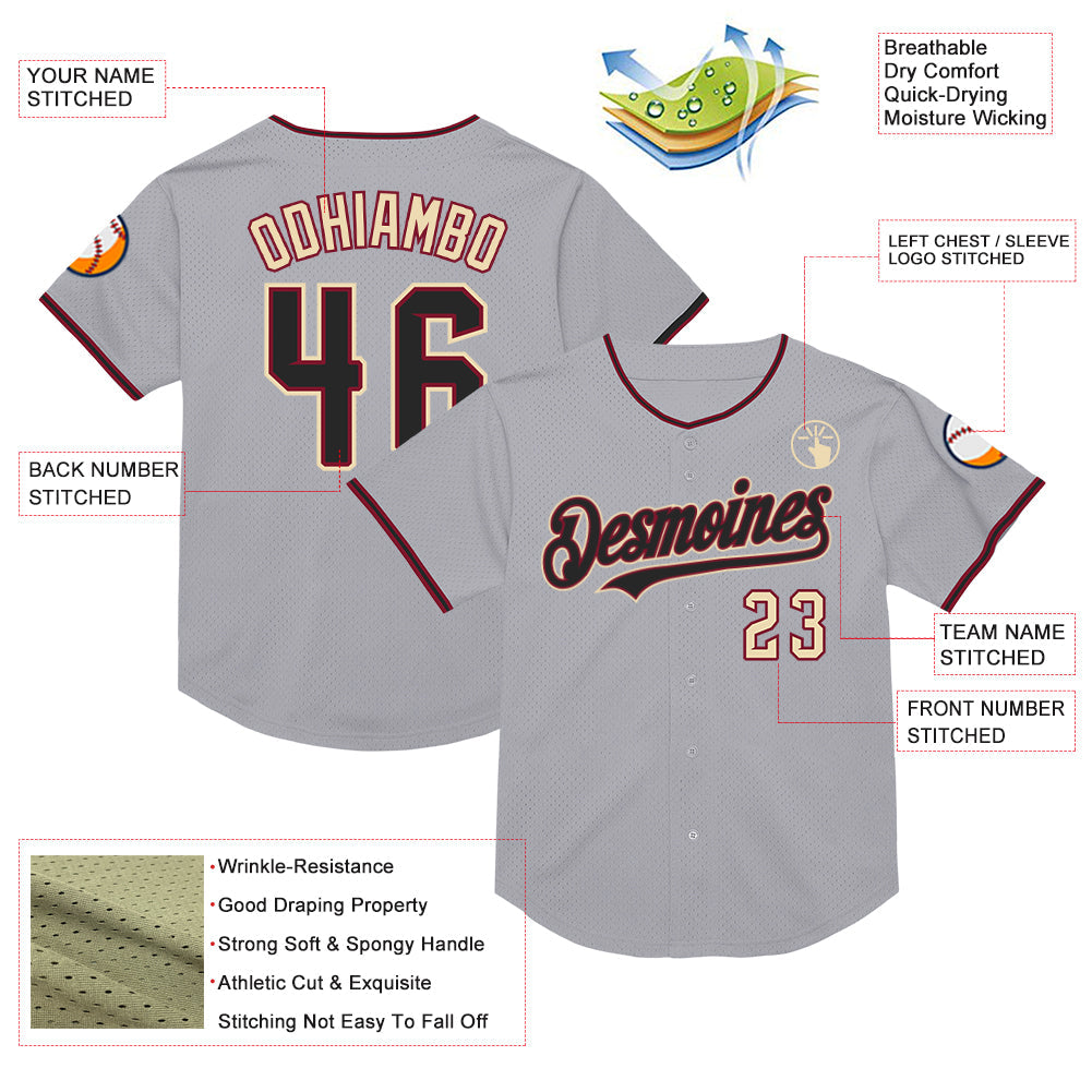 Custom Gray Black Crimson-Cream Mesh Authentic Throwback Baseball Jersey - Sky-Custom