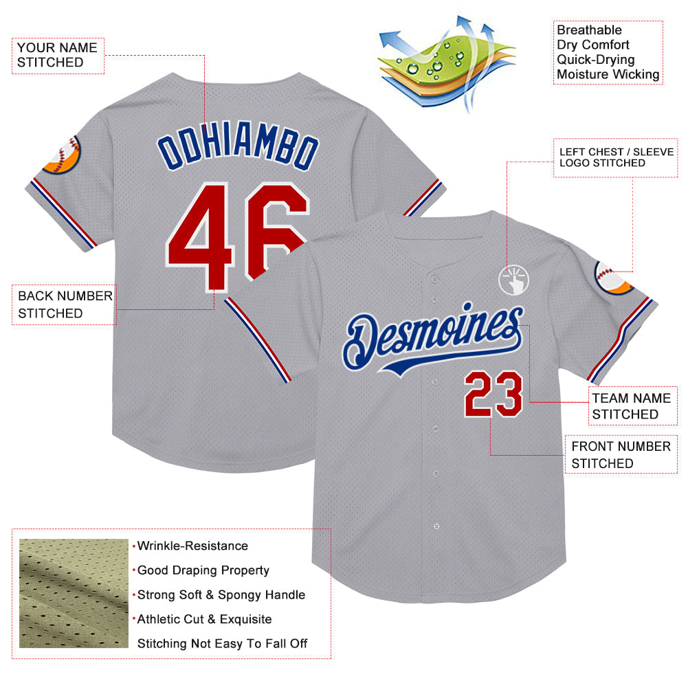 Custom Gray Red-Royal Mesh Authentic Throwback Baseball Jersey - Sky-Custom