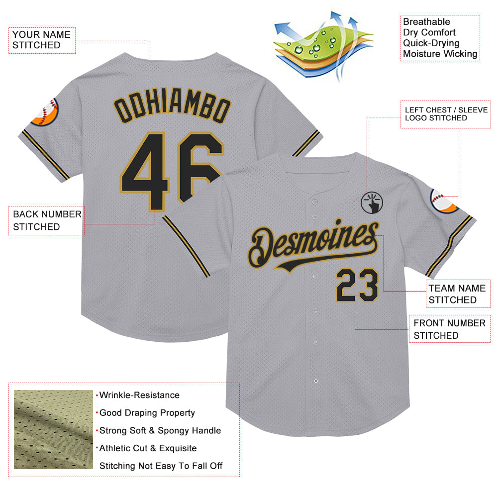 Custom Gray Black-Old Gold Mesh Authentic Throwback Baseball Jersey - Sky-Custom