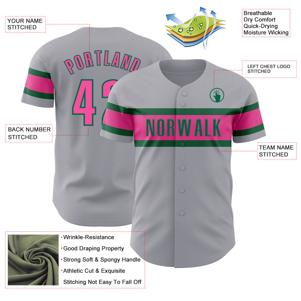 Custom Gray Pink-Kelly Green Authentic Baseball Jersey - Sky-Custom