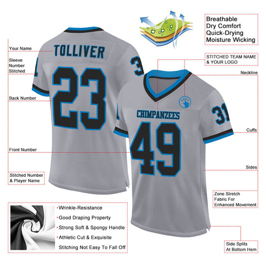 Custom Gray Black-Blue Mesh Authentic Throwback Football Jersey - Sky-Custom