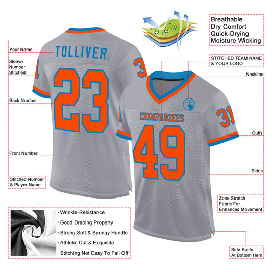 Custom Gray Orange-Blue Mesh Authentic Throwback Football Jersey - Sky-Custom