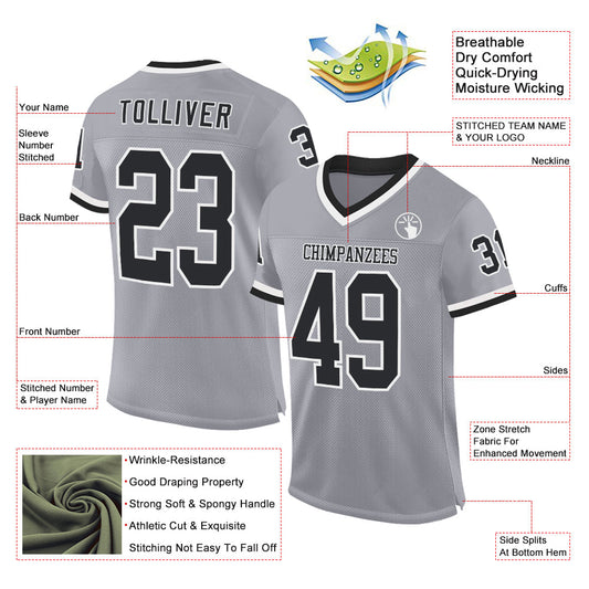 Custom Gray Black-White Mesh Authentic Throwback Football Jersey - Sky-Custom