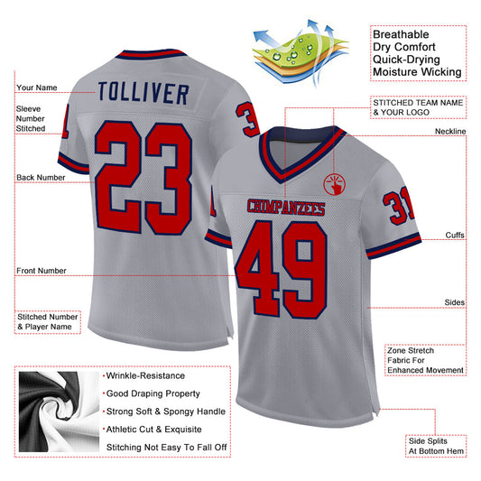 Custom Gray Red-Navy Mesh Authentic Throwback Football Jersey - Sky-Custom