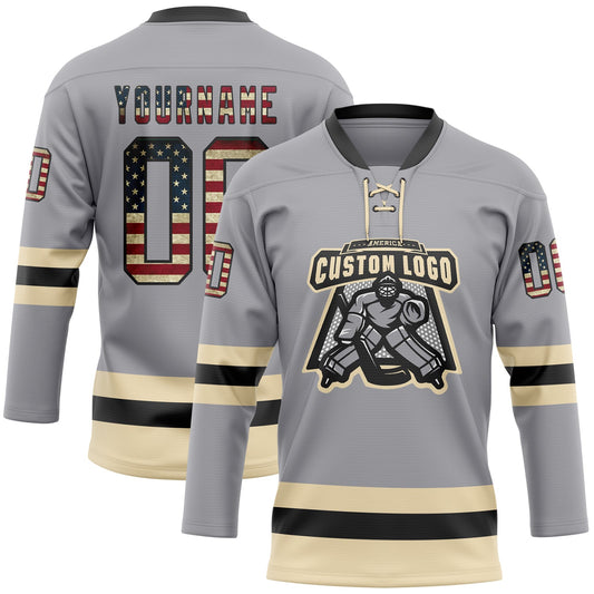 Custom Gray Vintage USA Flag Black-Cream Hockey Lace Neck Jersey - Sky-Custom