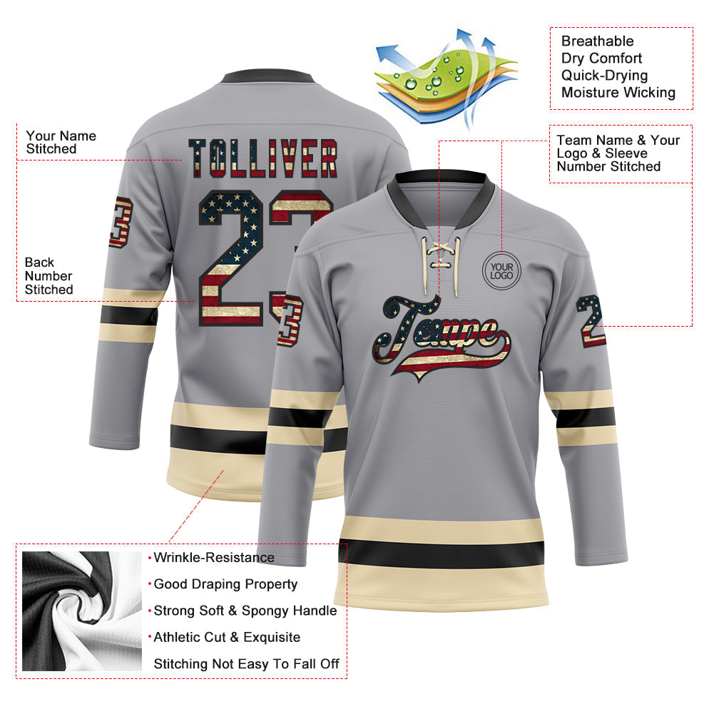 Custom Gray Vintage USA Flag Black-Cream Hockey Lace Neck Jersey - Sky-Custom
