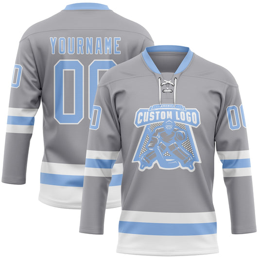 Custom Gray Light Blue-White Hockey Lace Neck Jersey - Sky-Custom