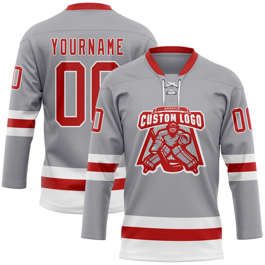 Custom Gray Red-White Hockey Lace Neck Jersey - Sky-Custom