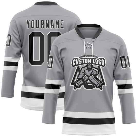 Custom Gray Black-White Hockey Lace Neck Jersey - Sky-Custom