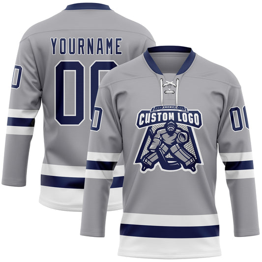 Custom Gray Navy-White Hockey Lace Neck Jersey - Sky-Custom