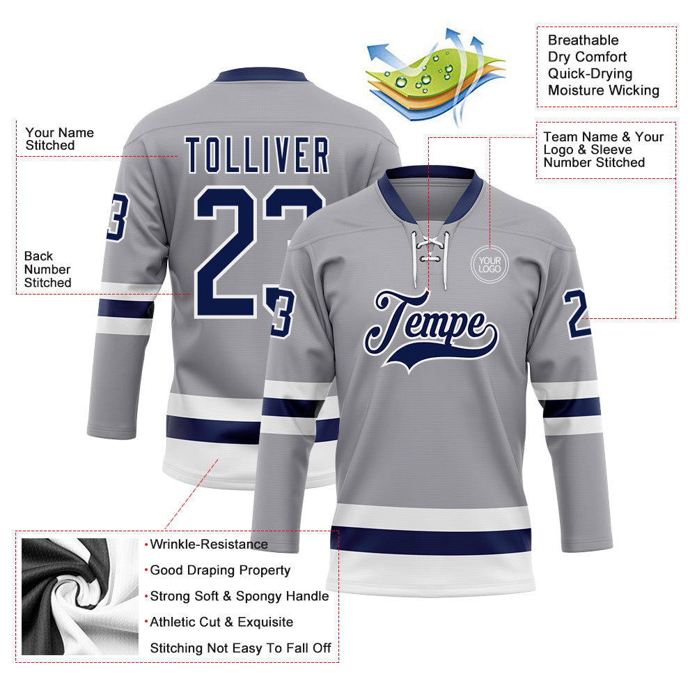 Custom Gray Navy-White Hockey Lace Neck Jersey - Sky-Custom