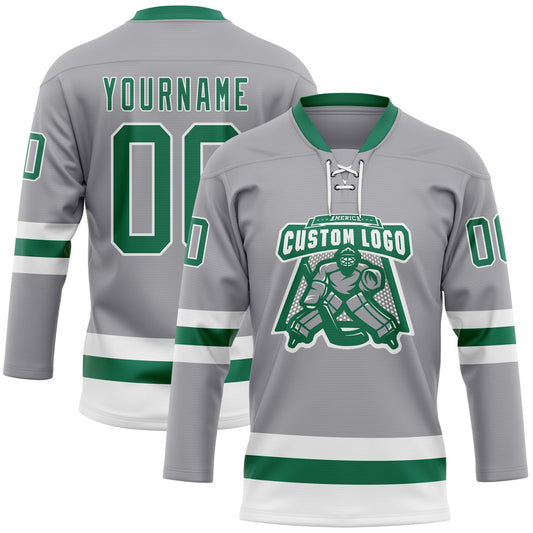 Custom Gray Kelly Green-White Hockey Lace Neck Jersey - Sky-Custom